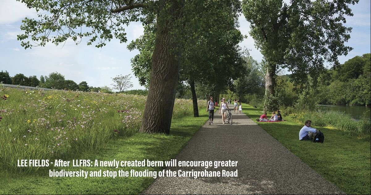 Lee Fields - After LLFRS: A newly created berm will encourage greater biodiversity and stop the flooding of the Carrigrohane Road Lee Fields - After LLFRS: A newly created berm will encourage greater biodiversity and stop the flooding of the Carrigrohane Road