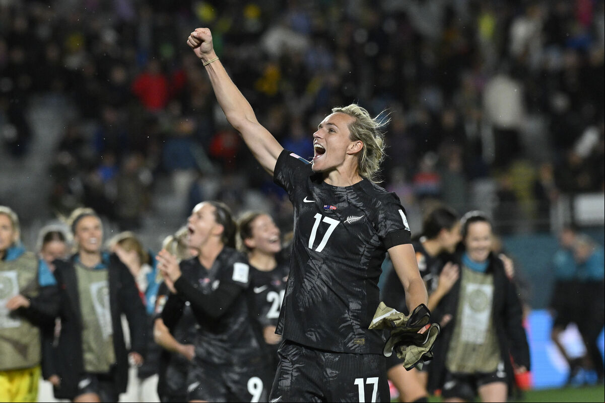 New Zealand's Hannah Wilkinson celebrates with teammates at the end of the Women's World Cup soccer match against Norway in Auckland, Picture: AP Photo/Andrew Cornaga