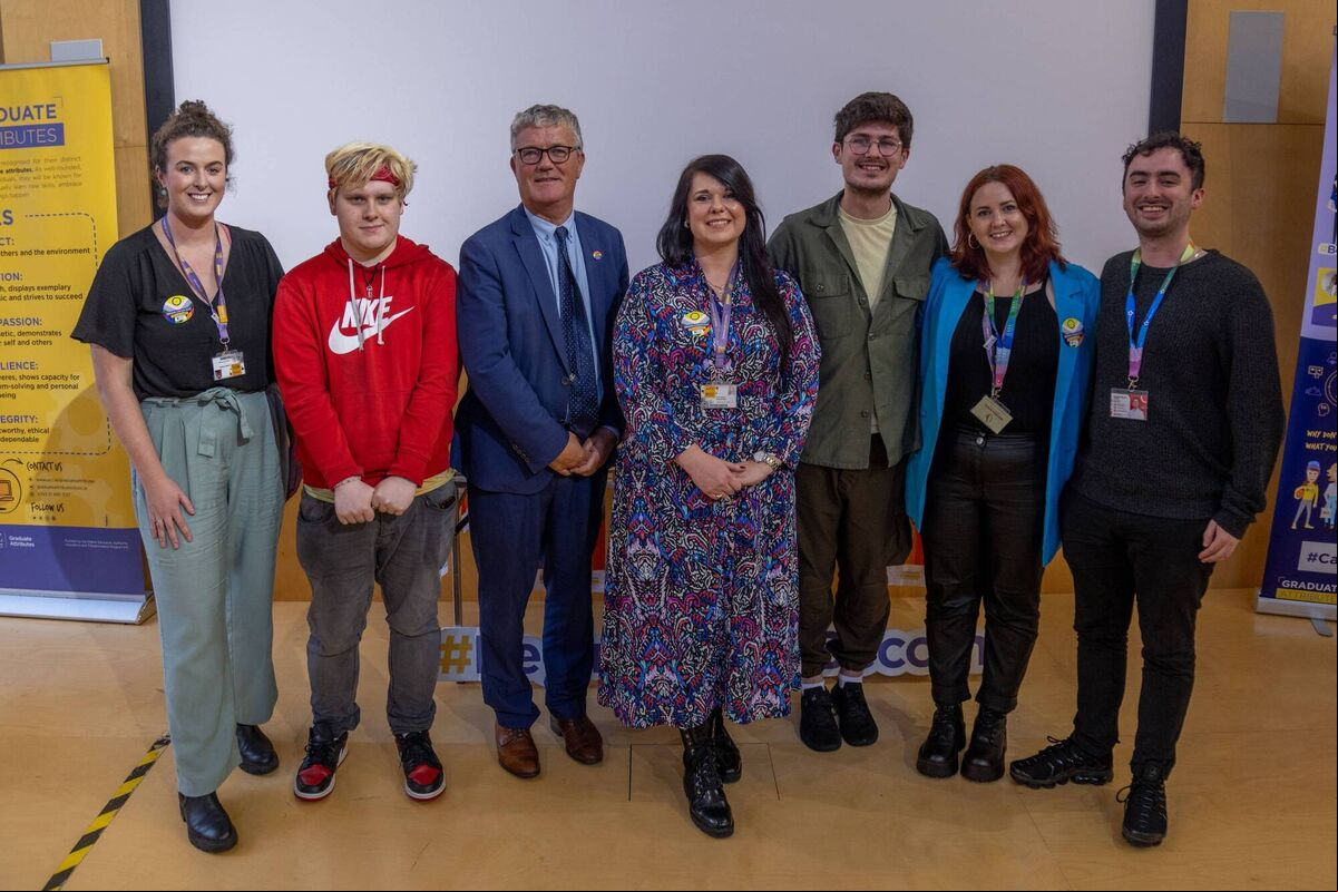 UCC staff and students celebrate the launch of UCC's Proud Ally Student Network. Image Credit: Max Bell/UCC.