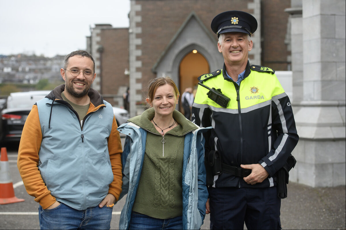 Sgt. Tom McCarthy, Watercourse Road with French couple Phillppe Marcatel and Mylenew Bardiu prior to viewing the relics of St Bernadette of Lourdes at the Cathedral of St Mary and St Anne, Cork for two days of veneration by of the public. Picture Dan Linehan Sgt. Tom McCarthy, Watercourse Road with French couple Phillppe Marcatel and Mylenew Bardiu prior to viewing the relics of St Bernadette of Lourdes at the Cathedral of St Mary and St Anne, Cork for two days of veneration by of the public. Picture Dan Linehan